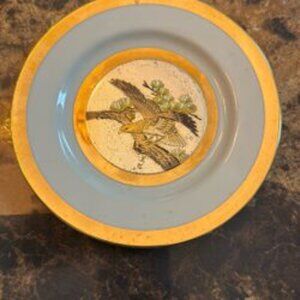 Vintage Japanese Chokin Floral birds Collection Plate - Gold rim 6 1/2" nice